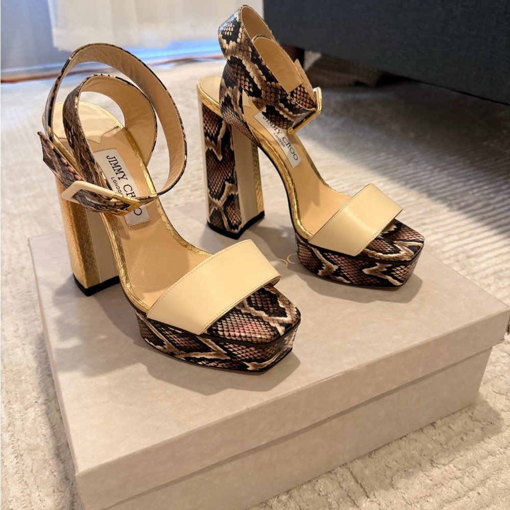 Jimmy Choo Beige and Snake Print Platform Heels